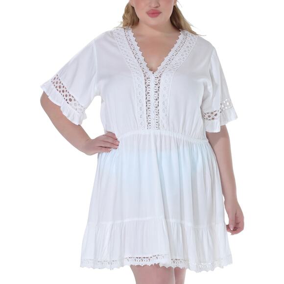 Raviya Plus Size Lace-Inset Mini Cover-Up Dress, White, Size 0X 0351 - Picture 3 of 3